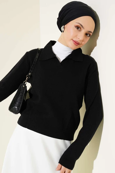 Gömlek Yaka Kısa Triko Kazak Siyah - 2