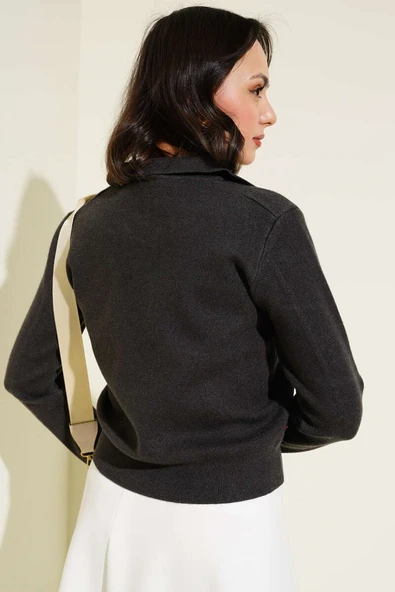 Gömlek Yaka Kısa Triko Kazak Füme - 3