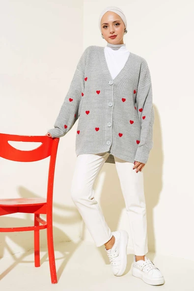 Kalp Nakışlı Triko Hırka Gri - Resim 2