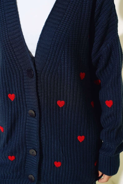 Kalp Nakışlı Triko Hırka Lacivert - Resim 4