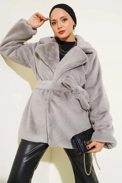 Kuşaklı Peluş Kaban Gri ürün görseli 1