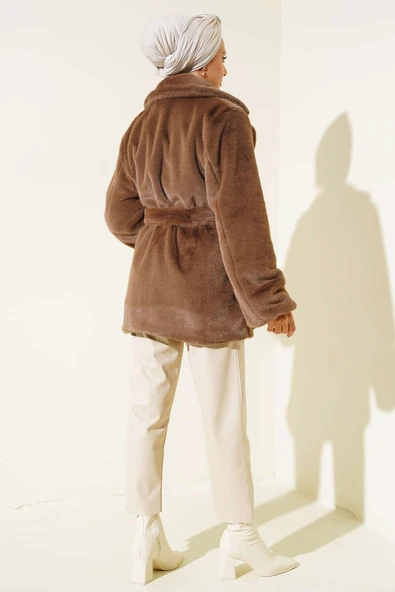 Kuşaklı Peluş Kaban Kahve - Resim 3