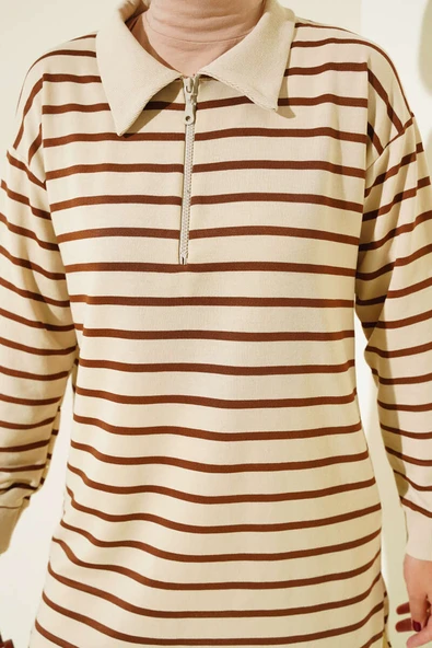 Gömlek Yaka Fermuarlı Çizgili Tunik Kahve - 4