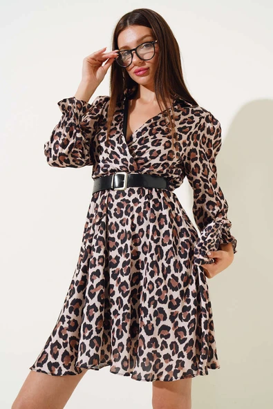 Gömlek Yaka Saten Midi Elbise Leopar - 2