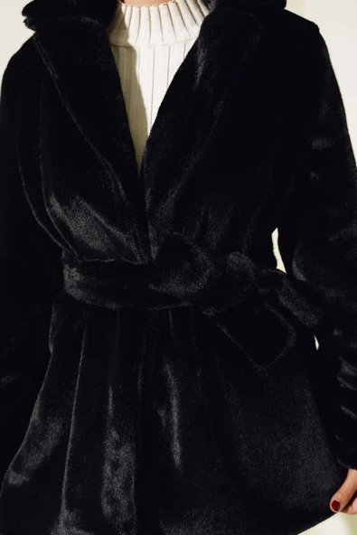 Kuşaklı Peluş Kaban Siyah - Resim 4