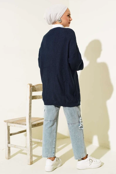 Kalp Nakışlı Triko Hırka Lacivert - Resim 3