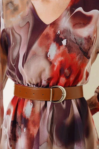 Deri Kemerli Midi Tül Elbise Kahve - 4