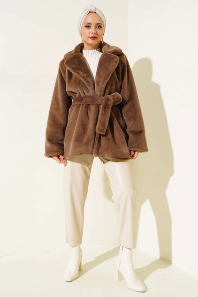 Kuşaklı Peluş Kaban Kahve - Resim 2