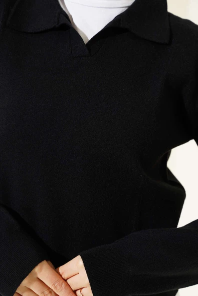 Gömlek Yaka Kısa Triko Kazak Siyah - 4