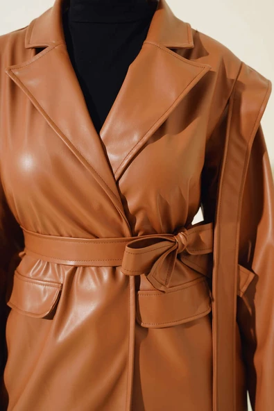 Omuz Pelerinli Deri Ceket Taba - 4