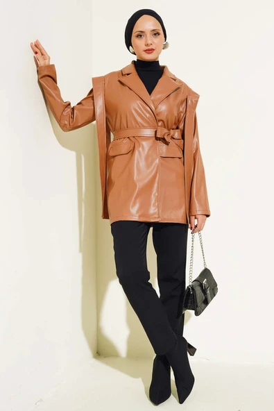 Omuz Pelerinli Deri Ceket Taba - 2