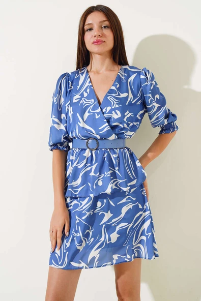 Kemerli V Yaka Saten Midi Elbise İndigo - Resim 2