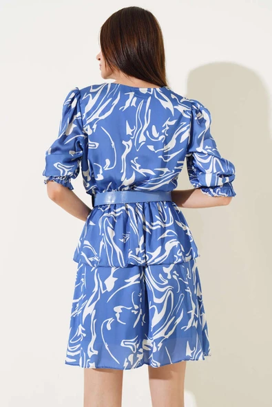 Kemerli V Yaka Saten Midi Elbise İndigo - Resim 3