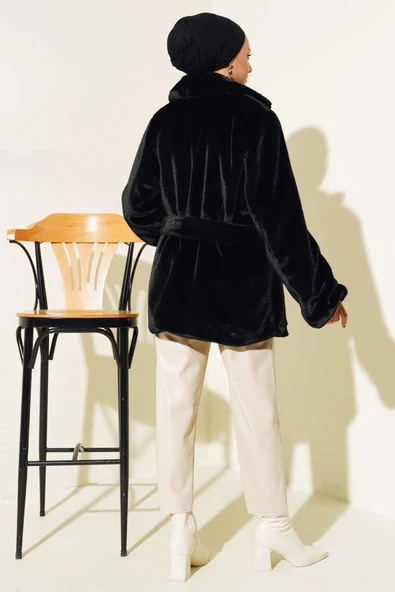 Kuşaklı Peluş Kaban Siyah - Resim 3