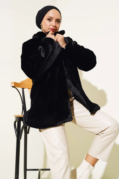 Kuşaklı Peluş Kaban Siyah ürün görseli 1