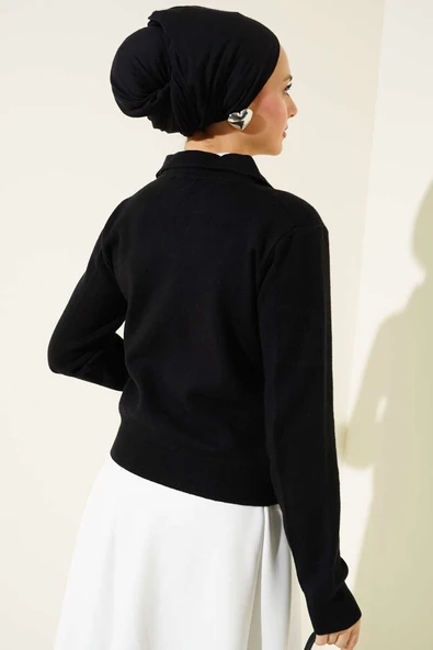 Gömlek Yaka Kısa Triko Kazak Siyah - 3