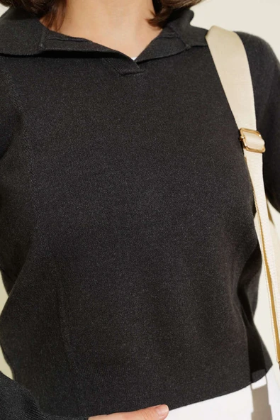 Gömlek Yaka Kısa Triko Kazak Füme - 4