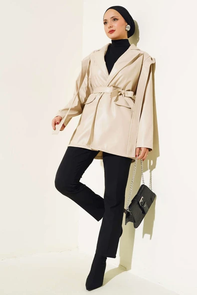 Omuz Pelerinli Deri Ceket Taş - 2