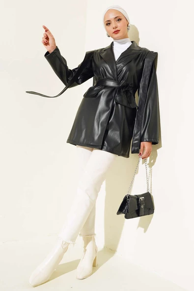 Omuz Pelerinli Deri Ceket Siyah - 2