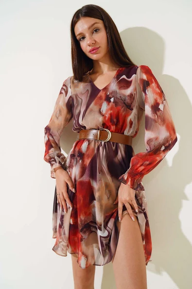 Deri Kemerli Midi Tül Elbise Kahve - 2