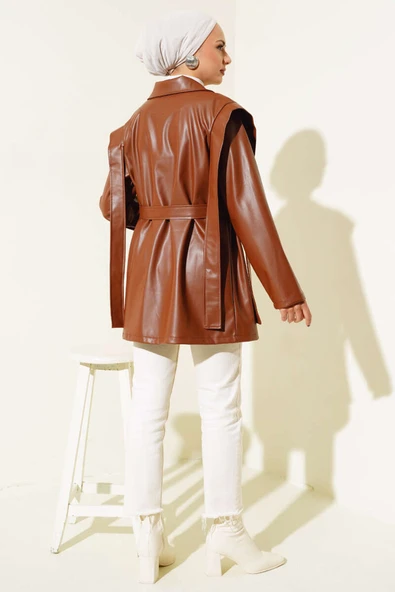 Omuz Pelerinli Deri Ceket Kahve - 3