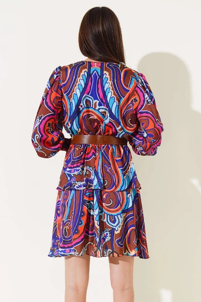 V Yaka Etnik Desen Saten Elbise Kahve - 3