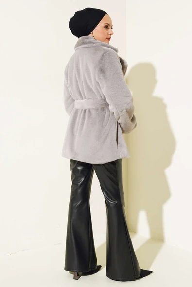 Kuşaklı Peluş Kaban Gri - Resim 3