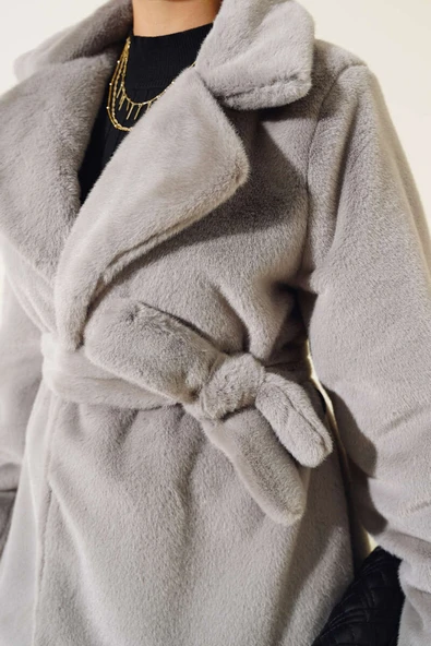 Kuşaklı Peluş Kaban Gri - Resim 4