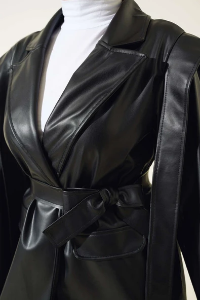 Omuz Pelerinli Deri Ceket Siyah - 4