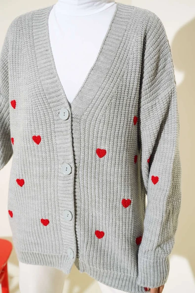 Kalp Nakışlı Triko Hırka Gri - Resim 4