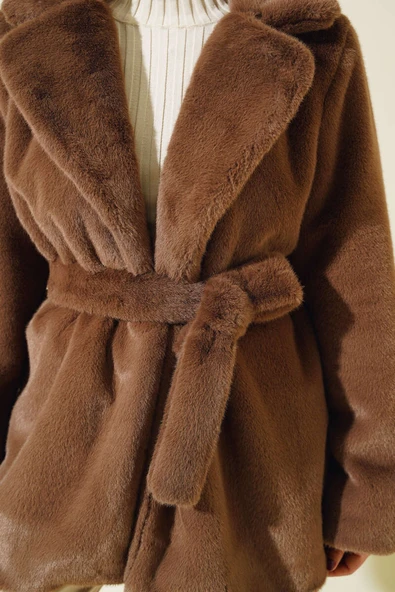 Kuşaklı Peluş Kaban Kahve - Resim 4