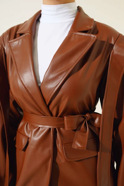 Omuz Pelerinli Deri Ceket Kahve - 4