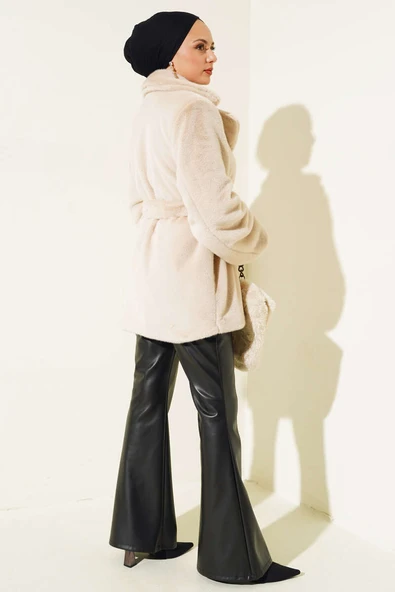 Kuşaklı Peluş Kaban Bej - Resim 3