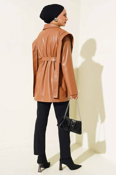 Omuz Pelerinli Deri Ceket Taba - 3