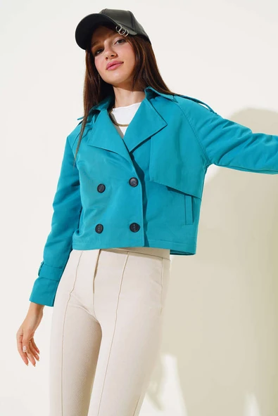 Kol ve Omuz Apoletli Kısa Ceket Petrol Yeşili - Resim 2