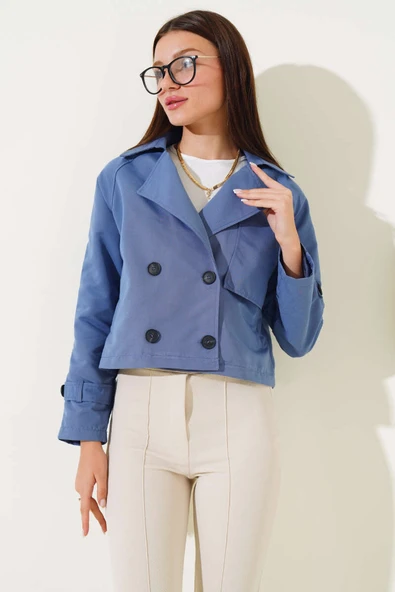 Kol ve Omuz Apoletli Kısa Ceket İndigo ürün görseli