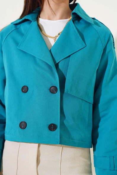 Kol ve Omuz Apoletli Kısa Ceket Petrol Yeşili - Resim 4