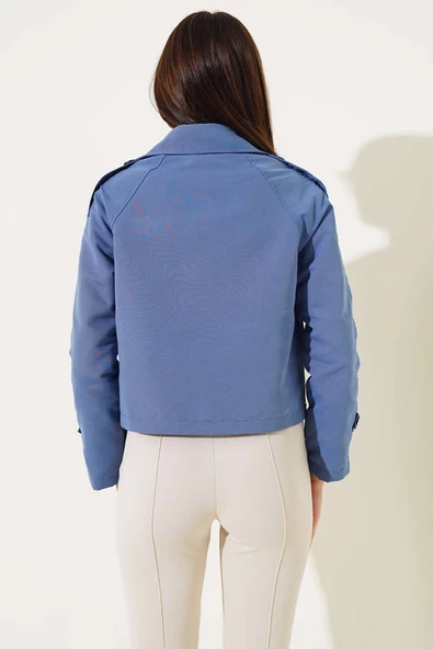 Kol ve Omuz Apoletli Kısa Ceket İndigo - Resim 3