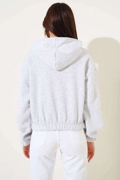 Kapüşonlu Şardonlu Kısa Hırka Gri - 3