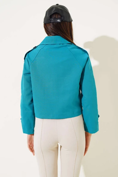 Kol ve Omuz Apoletli Kısa Ceket Petrol Yeşili - Resim 3