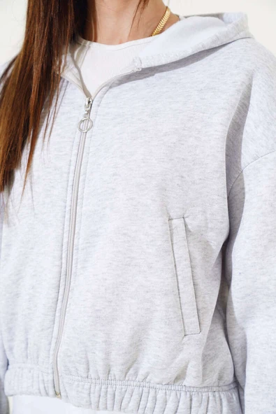 Kapüşonlu Şardonlu Kısa Hırka Gri - 4