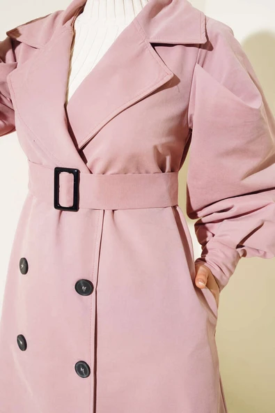 Kuşaklı Balon Kol Uzun Trençkot Pudra - Resim 4