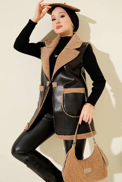 Çift Cepli Kürklü Deri Yelek Siyah Bej ürün görseli