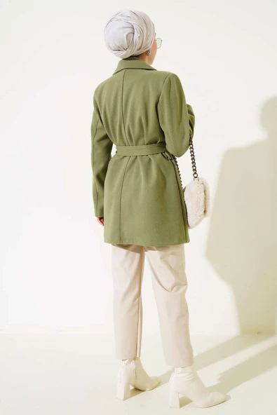 Kruvaze Yaka Kuşaklı Kısa Kaşe Kaban Çağla Yeşili - Resim 3