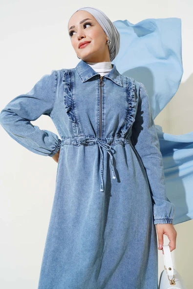 Fırfırlı Fermuarlı Kot Elbise Kot Mavisi - Resim 2