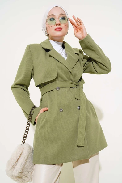 Kruvaze Yaka Kuşaklı Kısa Kaşe Kaban Çağla Yeşili ürün görseli 1