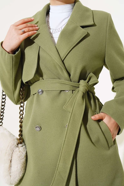 Kruvaze Yaka Kuşaklı Kısa Kaşe Kaban Çağla Yeşili - Resim 4