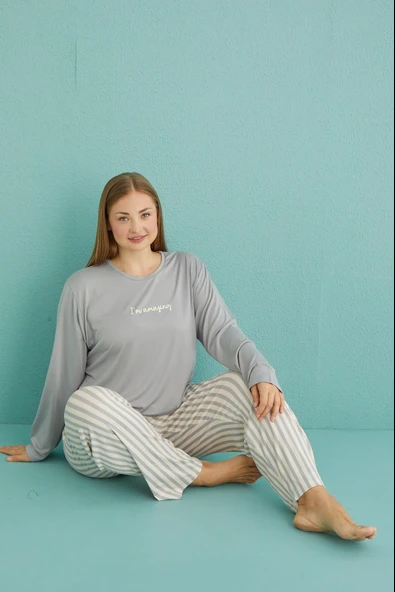 Gd Goldoremi 50802-19 Büyük Beden Kadın Amazing Milan Kumaş Pijama Takım - Resim 6