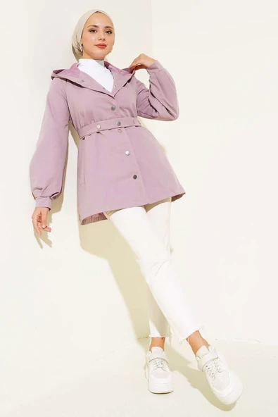 Kapşonlu Çıt Çıt Kısa Trenç Lila - Resim 2