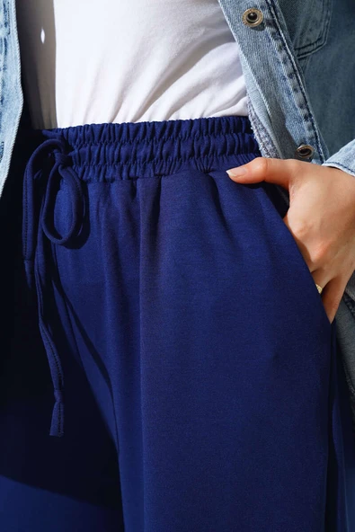 Bel İp Bağlamalı Bol Pantolon Lacivert - Resim 4
